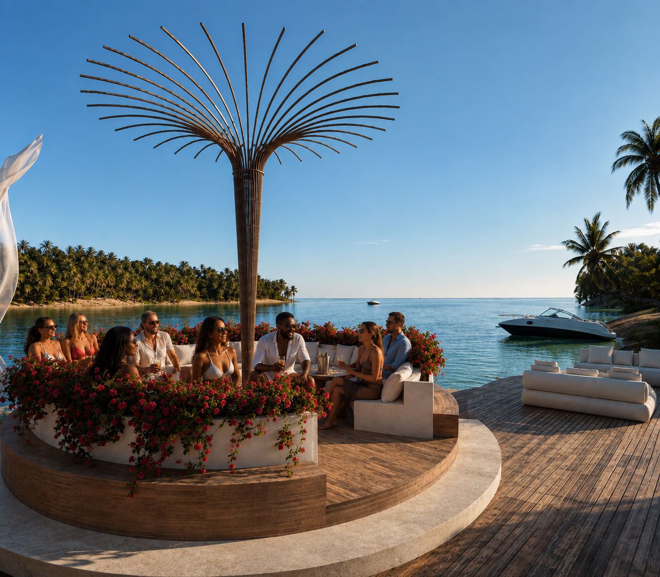 Bronze palm-frond sculpture at the arrival pier
